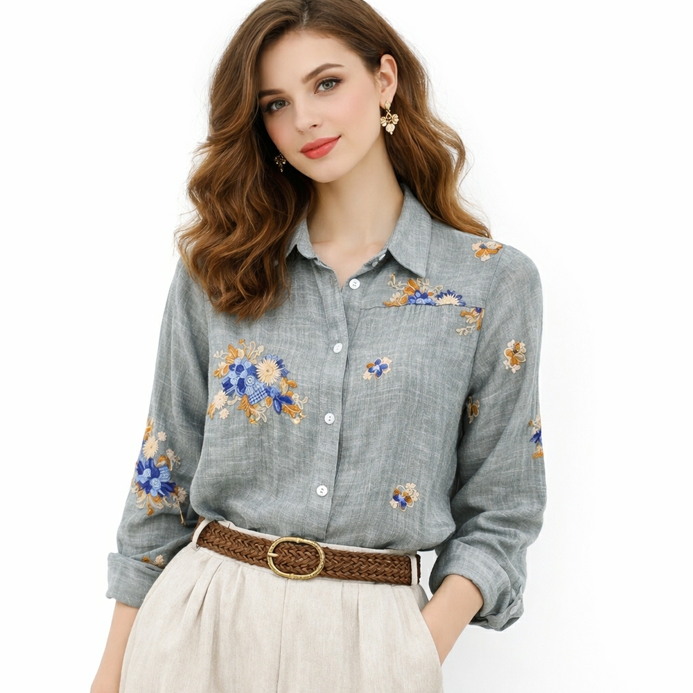 Anthro Fig and Flower Dusty Grey Blue Embroidered Collar Cottagecore Top #31